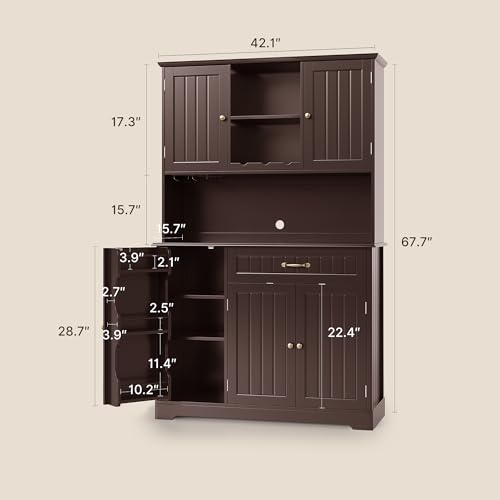 Image of Gizoon Kitchen Hutch Cabinet Kitchen Hutch Storage Cabinet Tall Pantry Coffee Bar with Storage for Dining Room and Craft Room, Painted Dark Brown