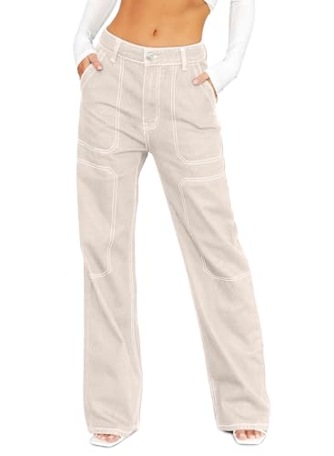 Dokotoo Womens Casual High Waisted Cargo Jeans for Women Wide Leg Boyfriend Denim Pants Apricot Size 8