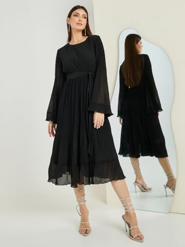 Image of Styli Women Animal Print Shift Midi Dress | Boat Neck with Flared Sleeves Dress for Women| Stylish One Piece Dress for Party, Casual & Evening Outfits