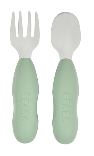 BEABA Set of 2 Stainless Steel Pre-Cutlery, Baby Toddler Stainless Steel with Silicone Utensils, Silverware Spoon Fork for Baby Toddler, Sage