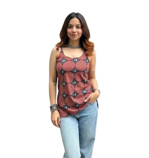 Cotton Tunic for Women, Geometric Print Cami Top with Adjustable Straps