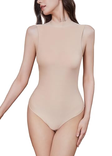 Luna & Sun Women Mock Turtle Neck Sexy Bodysuits Sleeveless Tank Top Jumpsuit Leotard Double Lined Shapewear, Nude, Medium