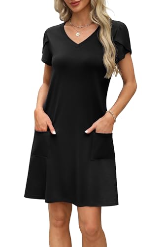 Image of OFEEFAN Womens Summer Dresses 2026 Tulip Petal Short Sleeve V Neck Loose Swing Sundresses with Pockets Plain /Print