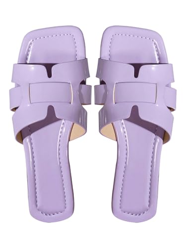 MakeMeChic Women's PU Leather Flat Sandals Square Open Toe Slip on Sandals Summer Shoes