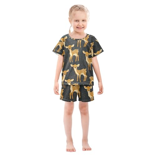 ALAZA Yellow Deer Cartoon Pajamas Set Short Sleeve Cotton Sleepwear Summer Pjs 2 Piece 5-14Y3