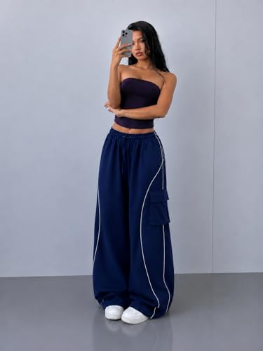 Image of Parachute Baggy Track Pant for Women | Korean Style Loose Fit Wide Leg Cargo Pockets | Piping Casual Trouser