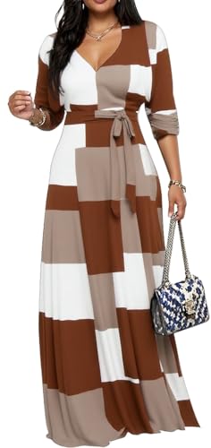 Image of Women's Church Maxi Wrap V Neck 3 /4 Sleeve Tie Waist Plus Size Long Dress | Flattering wrap V-neck design enhances curves. High elastic tie waist accentuates the slimmest part, hides tummy.