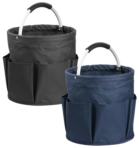 Image of 17L Bucket Tool Organizer with 6 Side Pockets, 2Pcs Collapsible Cleaning Caddy with Handle, Folding Gardening Tool Bag, Multifunctional Storage Basket for Garden, Bathroom, Black + Navy Blue