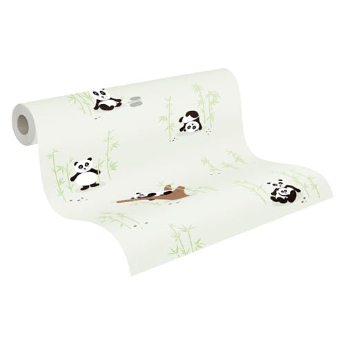 A.S. Création Papel pintado para habitación infantil Little Love con bonitos pandas sin PVC, color verde, negro, blanco y marrón satinado liso 381421