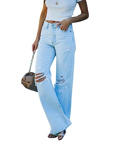 2023 Elegant Ripped Jeans for Women High Waist Wide Leg Boyfriend Jeans Stretchy Bell Bottom Baggy Blue Denim Pants2