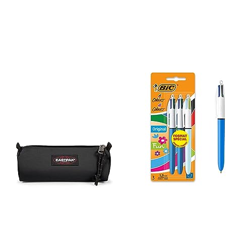 EASTPAK Benchmark Single Trousse, 21 cm, Noir (Black) & BIC 4 Couleurs Original et BIC 4 Couleurs Fun Stylos-Bille Rétractables à Pointes Moyennes (1,0 mm) - Blister Format Spécial de 3