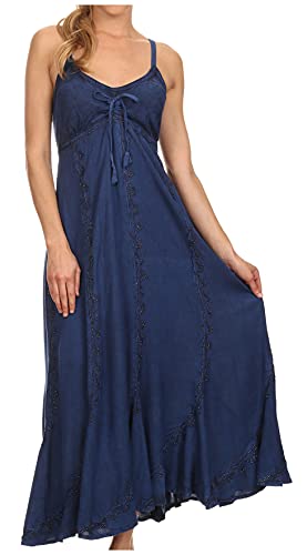Image of Sakkas Allie Stonewashed Embroidered Adjustable Spaghetti Straps Long Dress