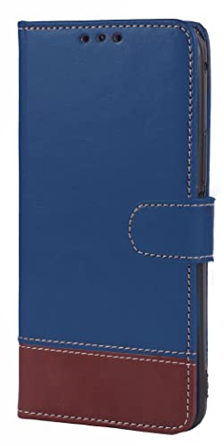 Image of Flip Back Cover Case Dual-Color Leather Finish Inbuilt Stand & Pockets Wallet Style Flip Case for Motorola Moto E13 - Blue & Brown