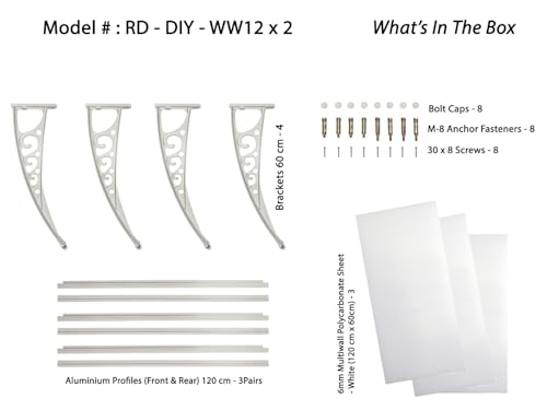 Image of CHENNAI Window Blinds and Shades DIY Polycarbonate Awning (Engineered Plastic Brackets) Window Sunshade Door Weather Shed Rain Canopy Awnings - 12'Widthx2'Depth (White Brackets & White Sheets)