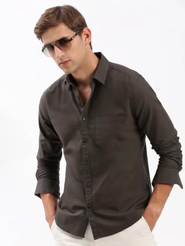 Image of SHOWOFFFF Men Solid Casual Shirt | Spread Collar Full Sleeves Cotton Shirt for Mens | Slim Fit Regular Length Shirt for Men's