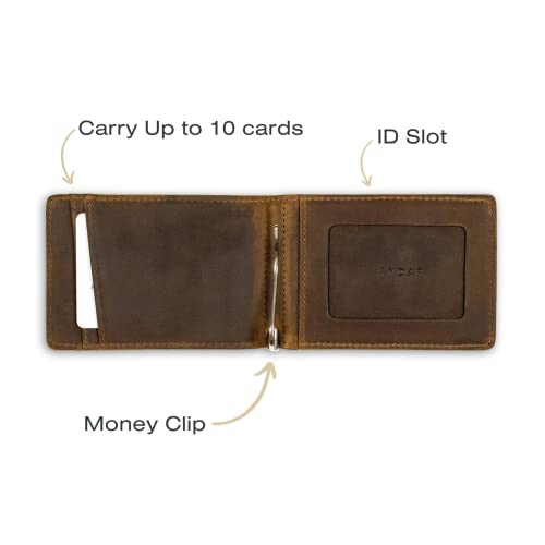 Andar The Apollo Leather Slim RFID Blocking Minimalist Bifold Wallet with Money Clip and ID Slot made of Full Grain Leather Elastic Pull Tab (Saddle Brown)3
