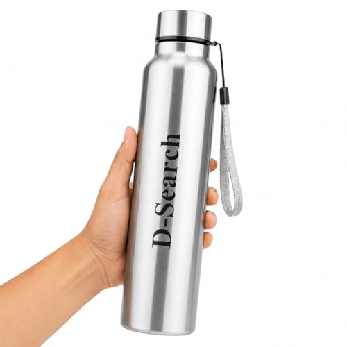 Image of D- Search Steel Water Bottle|1000 ml|Silver|Leak-Proof,Rust-Resistant|Shatter-Proof|Food Grade|School|College|Office|Home|Kitchen |Gym |Travelling Pack Of (1)