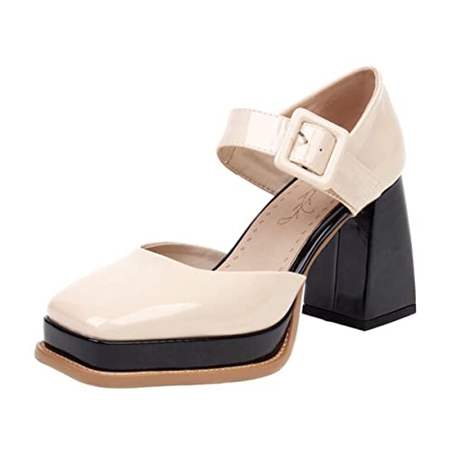 CoceMoce Chunky High Heel Platform Pumps for Women Square Toe Ankle Strap Red Patent Leather Dressy Shoes Stylish Comfy Evening Party Wedding Business Ballroom Dancing