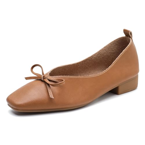 LIURUIJIA Women's Slip On Bowknot Ballet Flats Square Toe Lightweight Casual Dressy Comfortable Work Low Heels Retro Dress Shoes