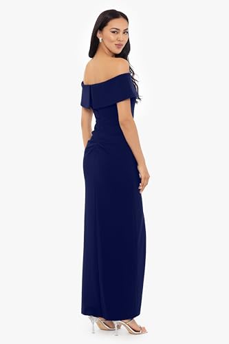 Image of Xscape Women's Off Shoulder Straight Neck Evening Gown with Foldover Cuff, Side Ruffle, Leg Slit, Fitted Formal Dress, Navy, 8P, Petite