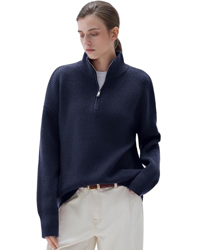Image of SUUKSESS Women Cashmere Blend Oversized Quarter Zip Pullover Sweater Long Sleeve Collared Ribbed Knit Jumper Tops