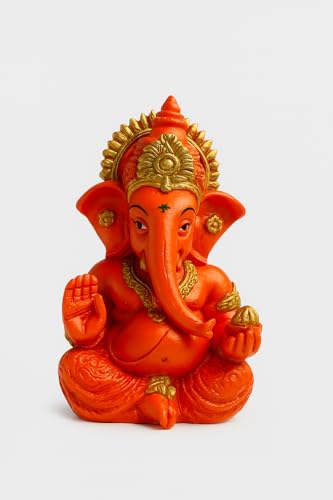 Image of ZYROO Lord Ganesha Idol for Home Temple | 10 cm Ganpati Murti for Pooja, Office Desk & Car Dashboard | Polyresin Ganesh Statue for Vastu, Meditation & Gift Decorative Statue, Orange and Gold