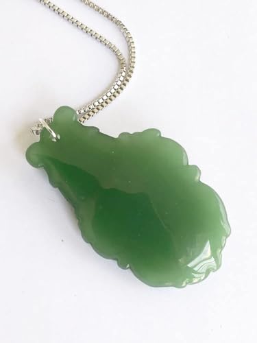 Secret for Longevity Large Green Stone Jade Color Lucky Goldfish Koi Fish Pendant Necklace w/ 19\" inch Sterling Silver Chain
