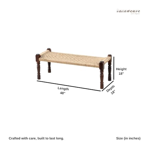Image of Wooden Bench for Seating | Handcrafted Sheesham Wood Bench for Living Room, Balcony & Garden | Traditional Patio for Outdoor with Jute Handwoven Rope | Jute