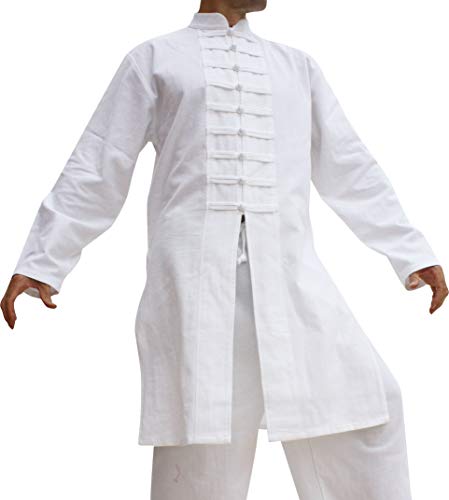 Image of Chinese Collar Mens Long Naval Jacket Many Button Tai Chi Cotton