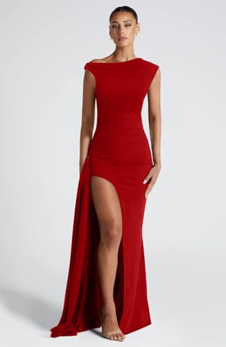 Image of Memoriesea Women's Elegant Off Shoulder Ruched High Split Wedding Party Maxi Dress Red
