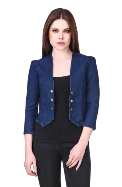 wingzss Women's Denim Jacket, Blue, 3/4 Sleeve, Button Front, Cropped Style-picture-48