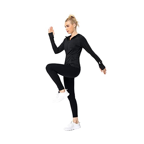 COOrun Workout Jacket Women Full Zip Hoodie Sportswear Athletic Running Track Jacket With Watch Thumb Hole Black-M