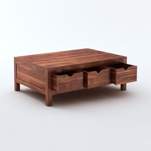 Image of MAMTA DECORATION Solid Sheesham Wood Coffee Table for Living Room | Wooden Center Table with 3 Drawers Storage for Home, Hall & Lounge | Modern Tea Table | Rectangular Coffee Table | Honey Finish