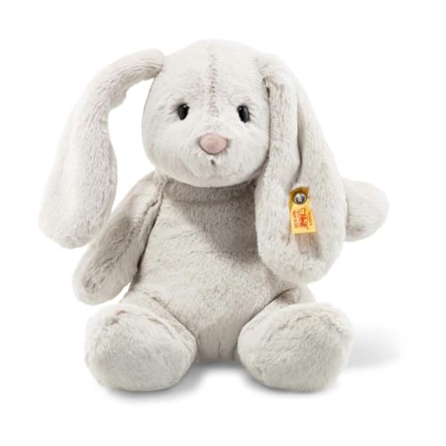 Steiff Hoppie Hase - 28 cm - Plüschhase mit Schlappohren - Soft Cuddly Friends - Kuscheltier für Kinder - waschbar - hellgrau (080470)