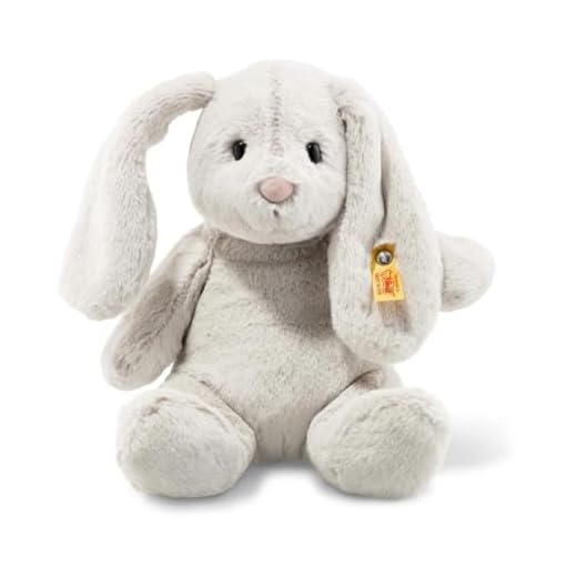 Steiff Hoppie Hase - 28 cm - Plüschhase mit Schlappohren - Soft Cuddly Friends - Kuscheltier für Kinder - waschbar - hellgrau (080470)