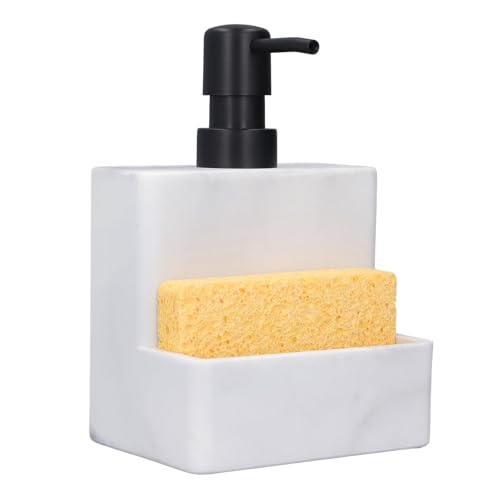 Kitchen Dish Soap Dispenser with Sponge Holder, 2 In 1 Refillable Soap Pump Dispenser Resin Hand Soap Pump and Spong Caddy, Countertop Organizer for Bathroom, Kitchen Sink, Office