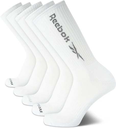 Reebok Mens Crew Socks - 5 Pack Breathable Cushioned Moisture-Wicking Athletic Performance Running Socks for Men (6-12.5), Size 6-12.5, All White