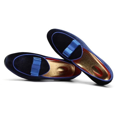 Men's Loafers Shoes, Large Size Velvet Bow Slip On Business Casual Low Top Pointed Toe Comfortable Breathable Mens Walking Driving Shoes, 45 EU,Blue3