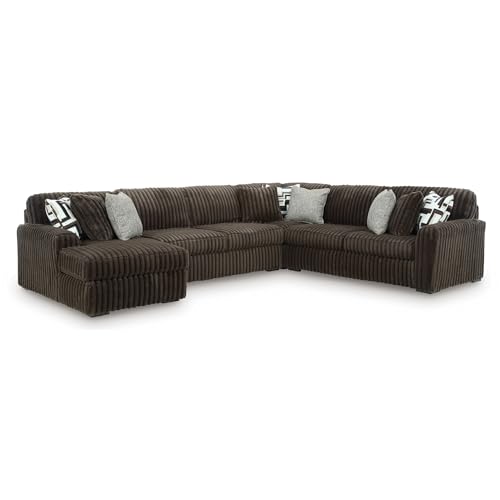Image of Signature Design by Ashley 6-Piece Sectional Sofa, Corduroy, Chocolate | 100% polyester jumbo corduroy, U-shape layout, Anti-sag platform foundation, 9 accent pillows, Midnight-Madness