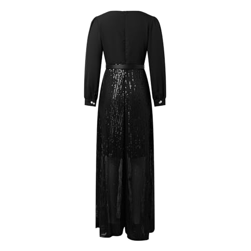 Mono de pierna ancha con lentejuelas para mujer traje elegante suelto de manga larga con escote en V 6