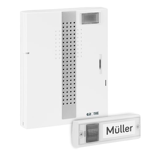 Grothe Funkklingel Türklingel MISTRAL 300M Funkgong-Set 500m Reichweite, 16 Melodien mit LED-Blitzlicht, Batterie- oder Netzbetrieb bis 83 dB (mehrfache Rufunterscheidung & Grothe AirLink Technologie)