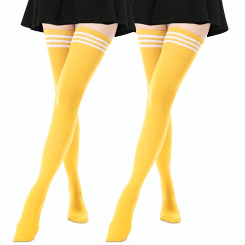 Image of AQOKKA Extra Long Thigh High Socks for Women Striped Over Knee Thigh Socks Long Boot Thigh High Stockings Leg Warmers