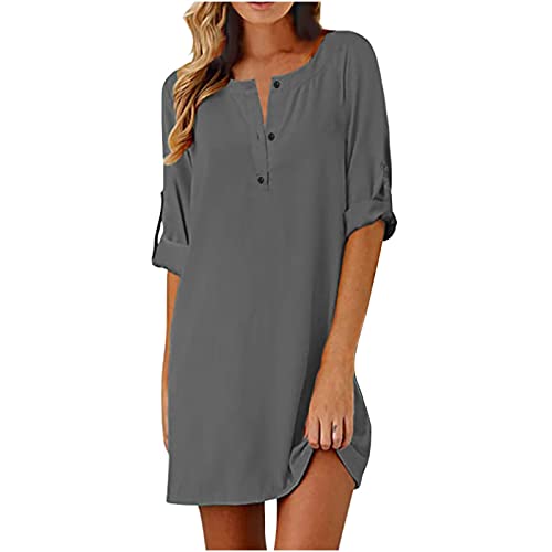 Vestidos hawaianos de playa para mujer, verano, otoño, manga 3/4, cuello redondo, lino, corte holgado, vestidos de mujer 2024, L-656 Gris, XXL