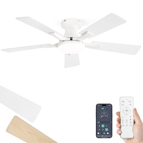 Image of ZMISHIBO 42 Inch Ceiling Fan with Light, App&Remote Control, Flush Mount Low Profile, Dimmable 20W LED Light, Quiet Reversible Motor for Bedroom, Living Room, Apartment, White