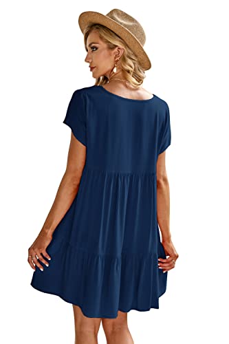 Image of Fangetey Women's V-Neck Tunic Dresses Short Sleeve Button Down Loose Casual Summer Short Flowy Swing Dress
