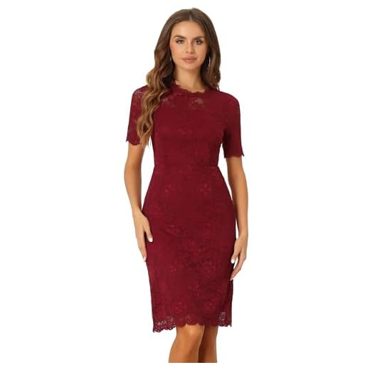 Allegra K Vestido Elegante De Encaje Floral para Mujer, Cuello Redondo, Manga Corta, Vestidos De Fiesta De Cóctel Rojo Oscuro S
