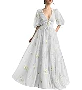 Fivsole Women's Puff Sleeve Prom Dress Long Flower Embroidery Floral Tulle Formal Evening Party G...