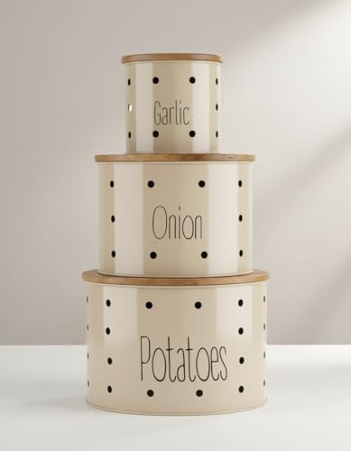 Image of Set of 3 Potato Onion & Garlic Storage Container For Kitchen | Storage Container For Kitchen Storage with Lid. (Ivory)