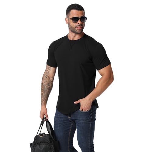 Mens 3 Pack Plain Cotton Shirts Short Sleeve Casual Crew Neck T-Shirts Hipster Hip Hop Longline Tees Drop Cut Curved Hem 5