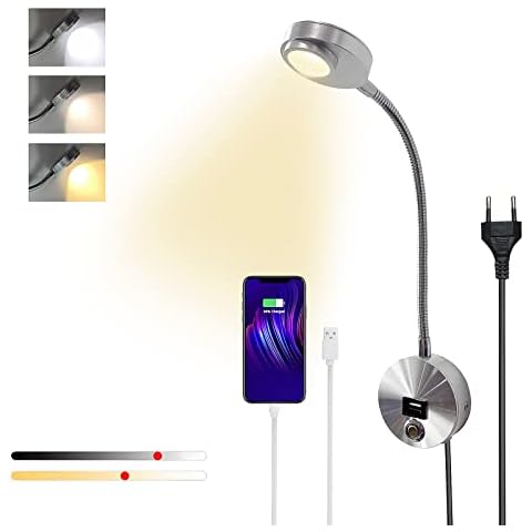 YNDD Leselampe Bett Wandmontage, Dimmbare Wand Schwanenhals Bettlampe mit USB Ladeanschluss, Touch Schalter, 3W Leseleuchte Wandleuchte mit Stecker und Kabel für Schlafzimmer Büro Cover